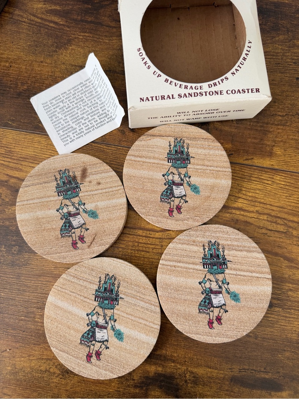 Vintage Thirstystone Sandstone Coaster Set 4 Kachina Dancer Box USA 1988 Cork